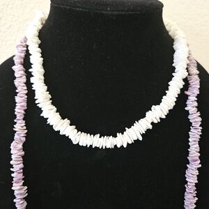 Pair Of Vtg Shell Chip Necklaces Purple & White